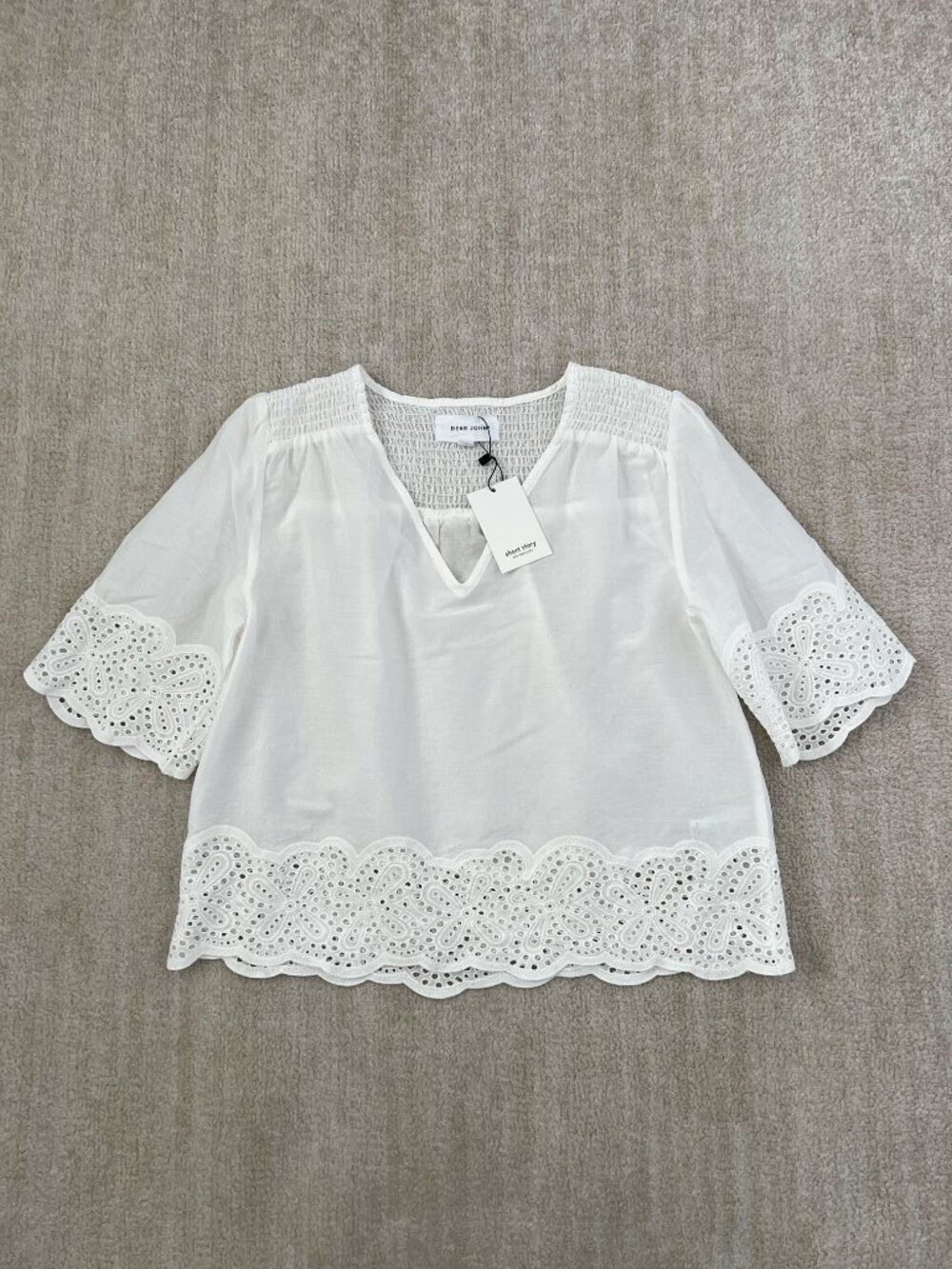 NWT Dear John White Short Sleeve Cotton Boho Eyelet Blouse Top S Petite